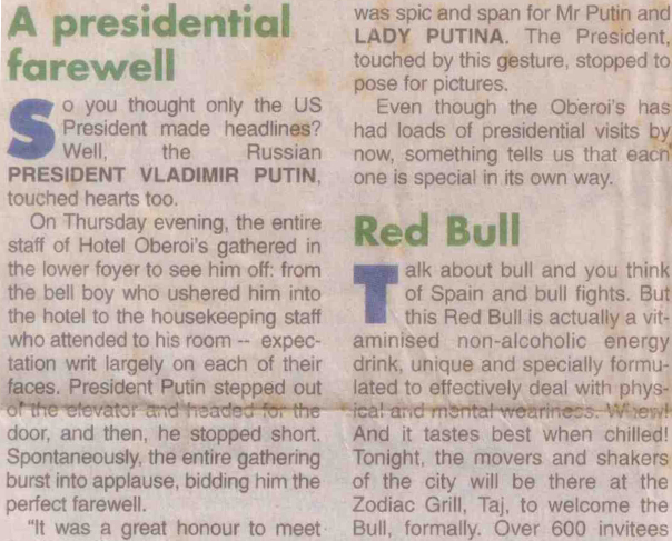 Farewell to President Vladimir Putin Bombay Times Oct 7 2000